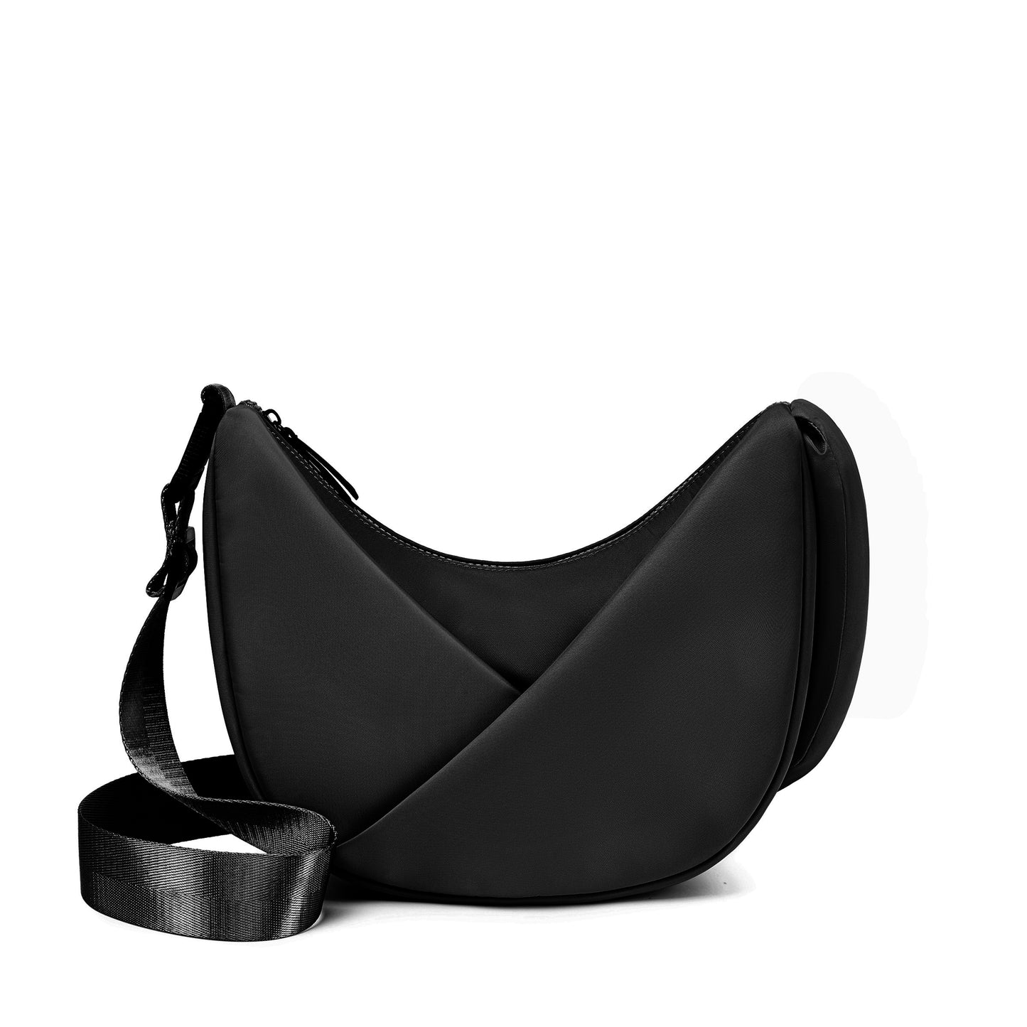 Black crossbody bag on a white background
