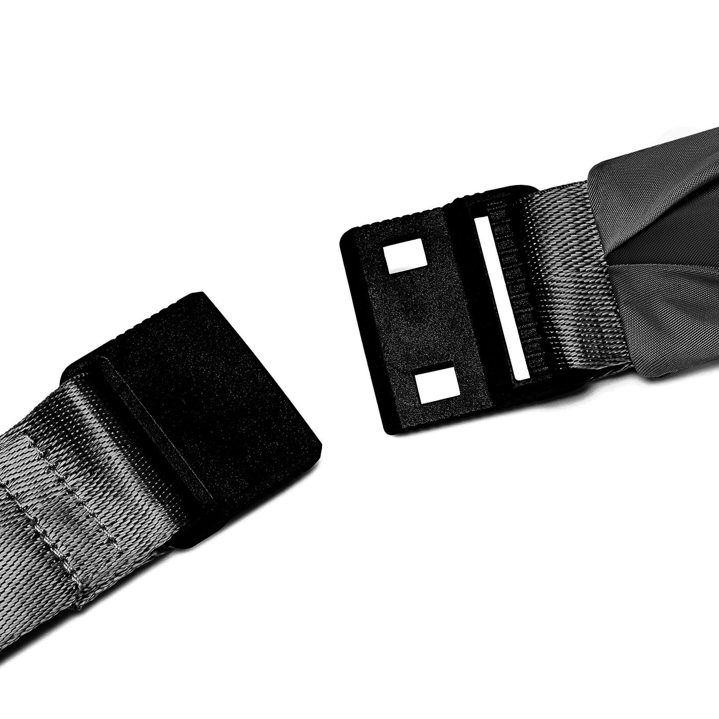 Black belt with a plastic buckle on a white background