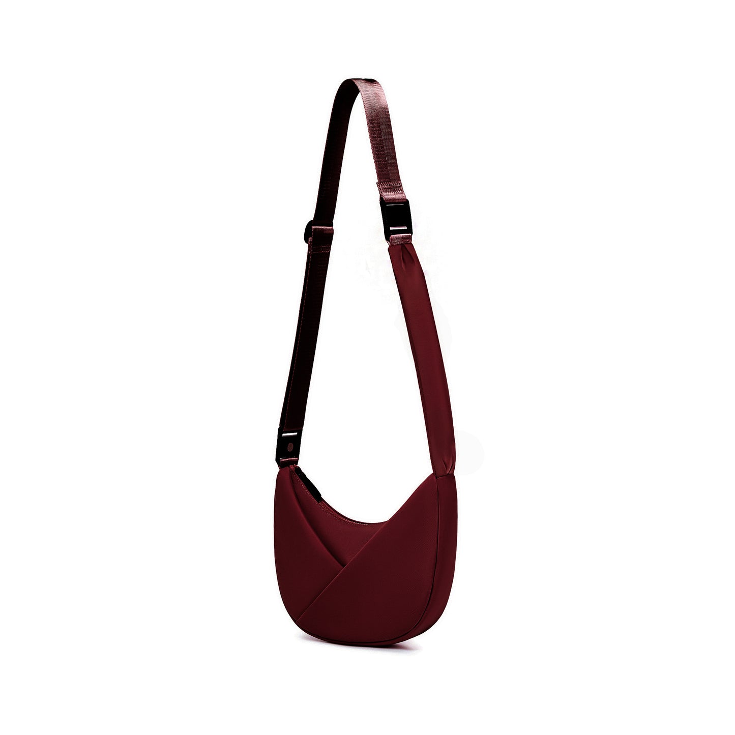 Burgundy shoulder bag with a strap on a white background