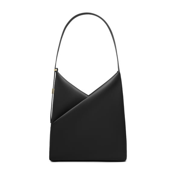 Lux & Nyx Origami Hobo Bag in black, front view, showing the signature geometric origami fold and single curved shoulder handle.