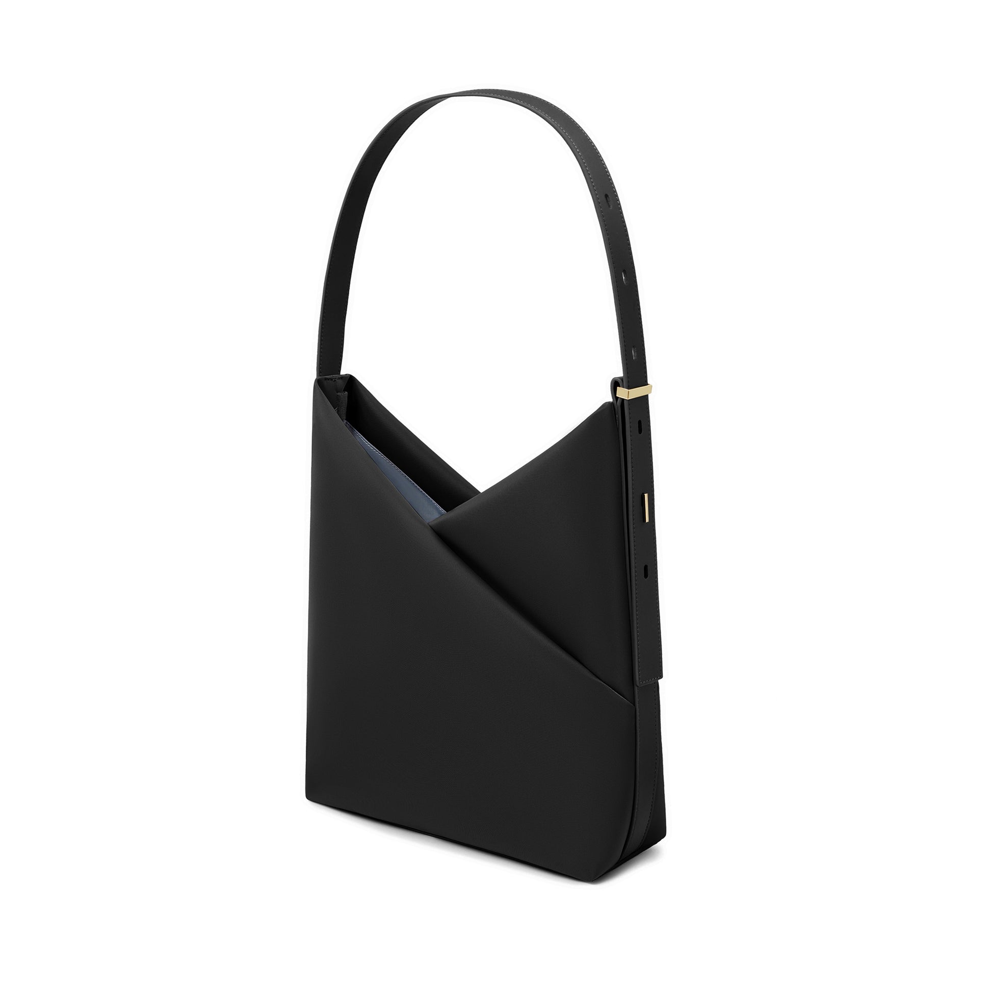 Side-angle product shot of the black Origami Hobo Bag highlighting its pointed origami base and slim profile.

