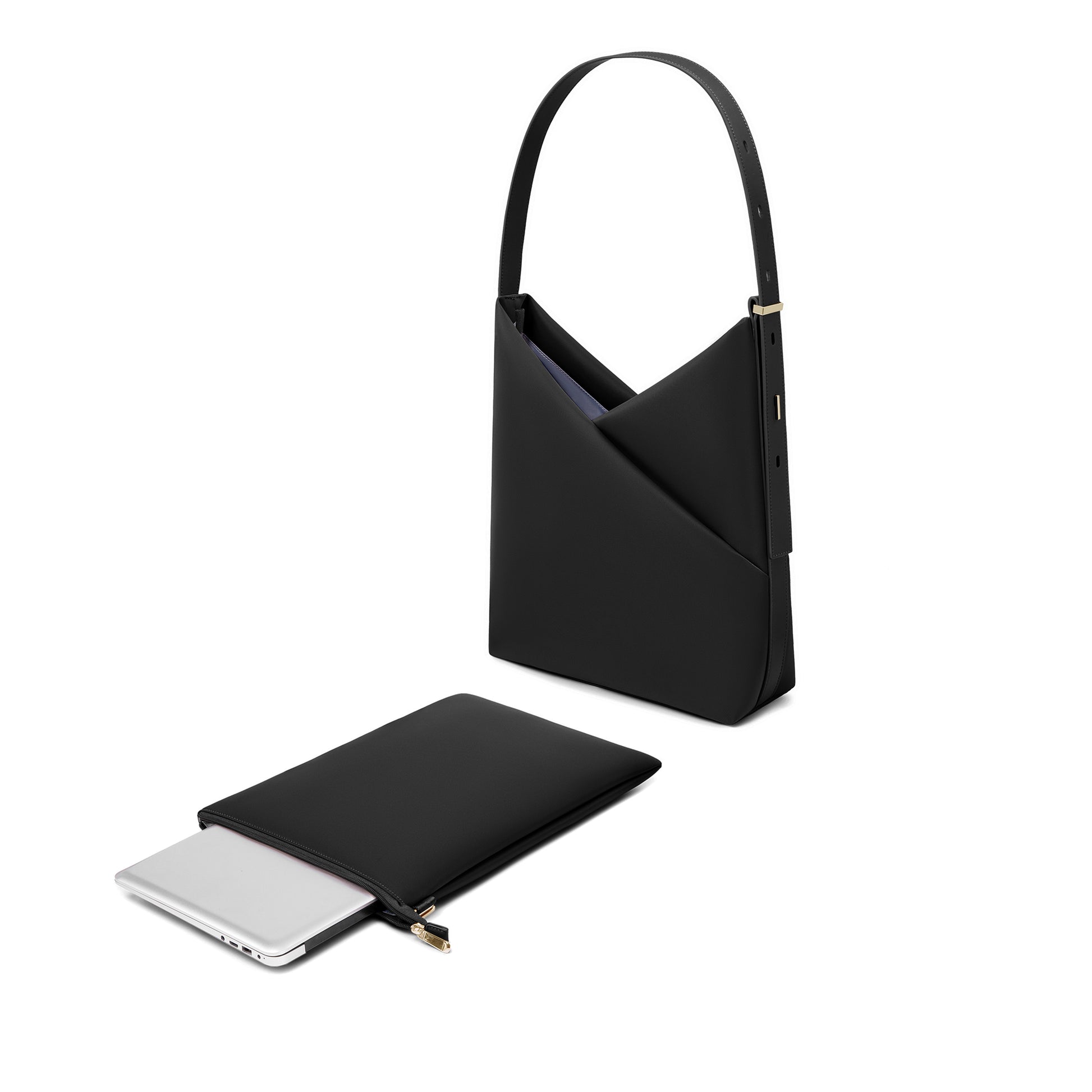 Black Origami Hobo Bag shown with its detachable padded laptop sleeve pouch beside it.
