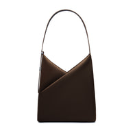 Lux & Nyx Origami Hobo Bag in espresso, front view, showing the signature geometric origami fold and single curved shoulder handle.