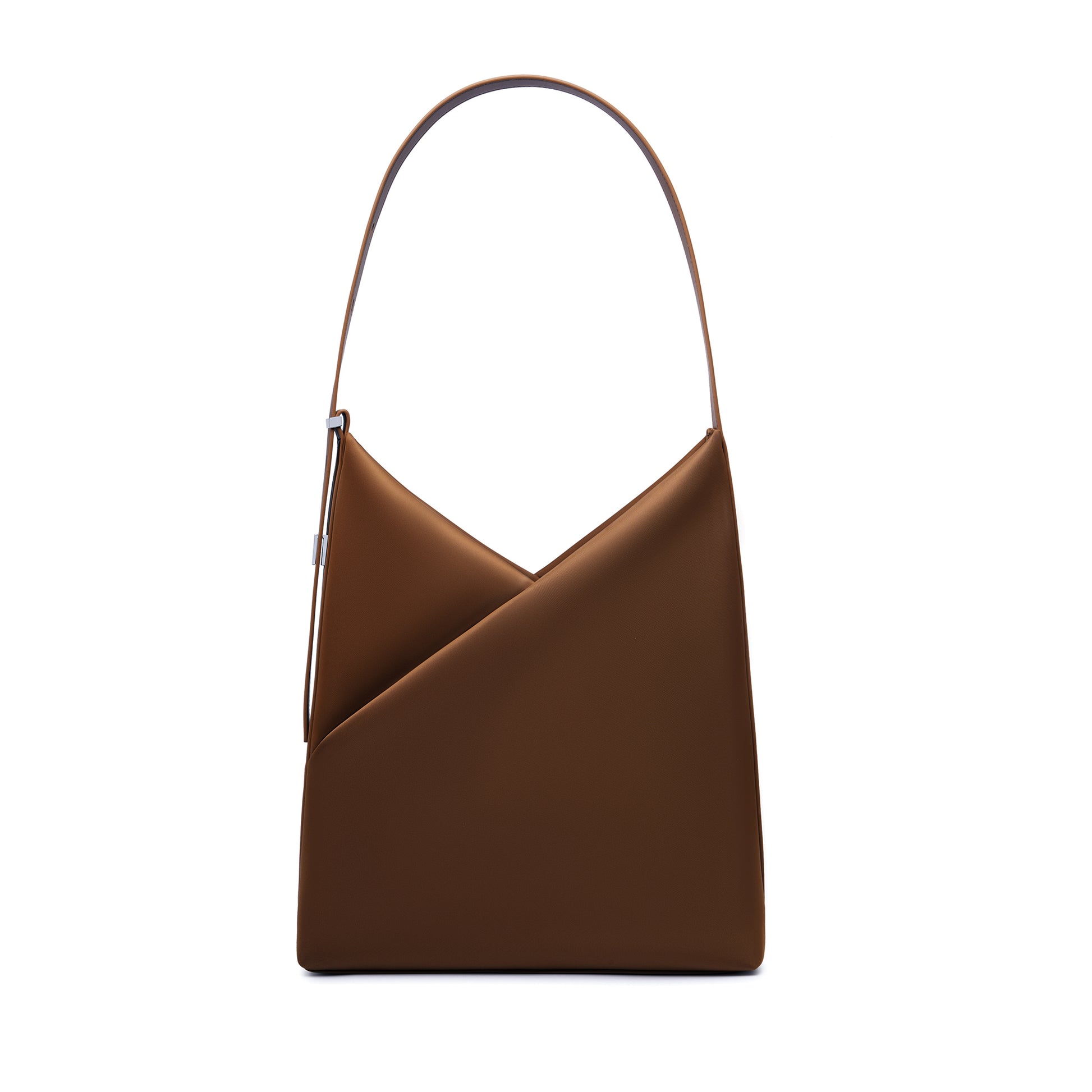 Lux & Nyx Origami Hobo Bag in sepia, front view, showing the signature geometric origami fold and single curved shoulder handle.