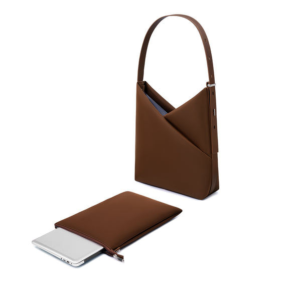 Sepia Origami Hobo Bag shown with its detachable padded laptop sleeve pouch beside it.
