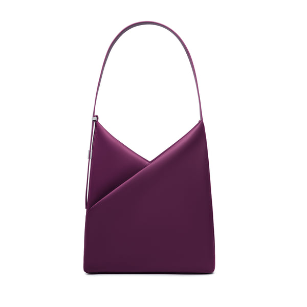 Lux & Nyx Origami Hobo Bag in wine, front view, showing the signature geometric origami fold and single curved shoulder handle.