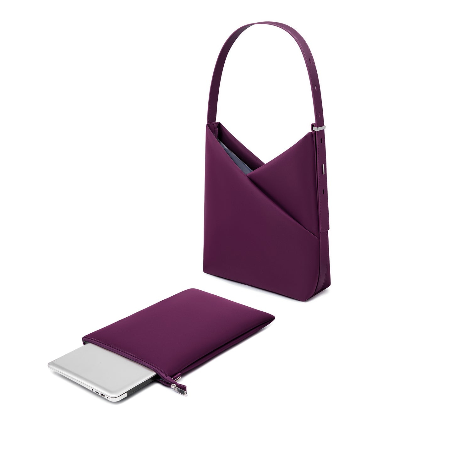 Wine Origami Hobo Bag shown with its detachable padded laptop sleeve pouch beside it.