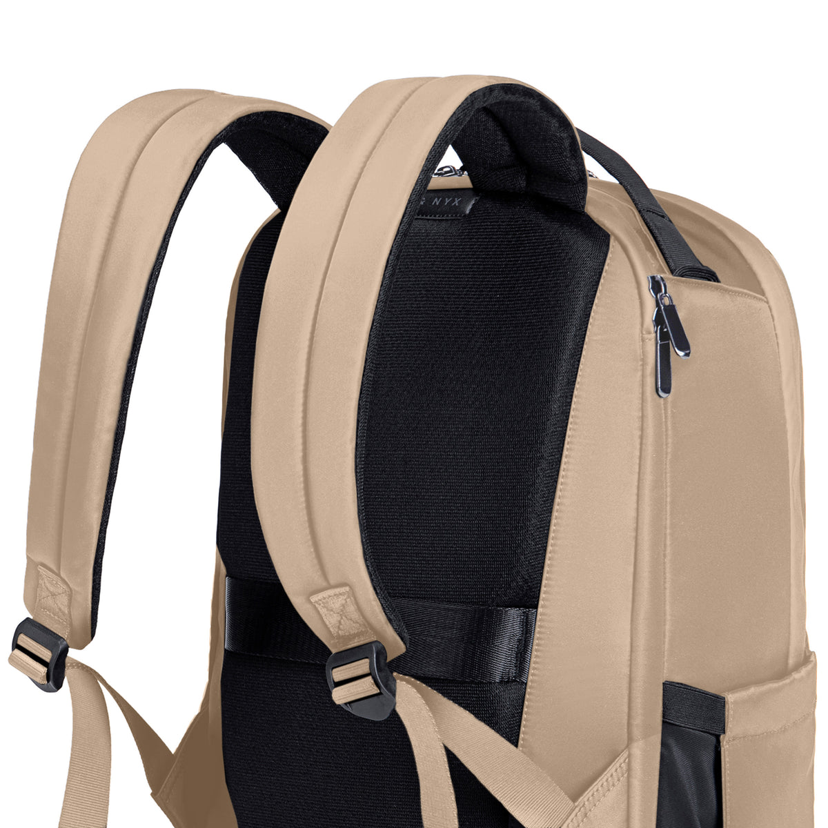 Lux & Nyx Origami Backpack - 16" Laptop Backpack With Trolley Strap - 
Champagne Taupe - Close-up of the back and side of a backpack, showing padded shoulder straps, and  mesh back panel