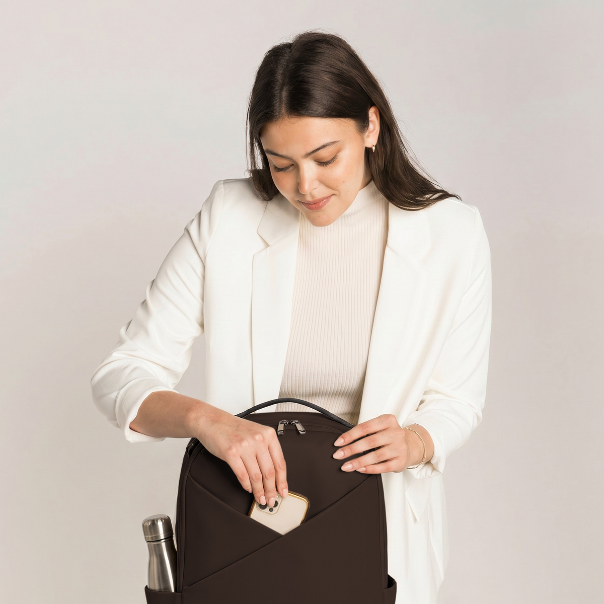 Lux & Nyx Origami Backpack - 16" Laptop Backpack With Trolley Strap - Espresso - Backpack Front View