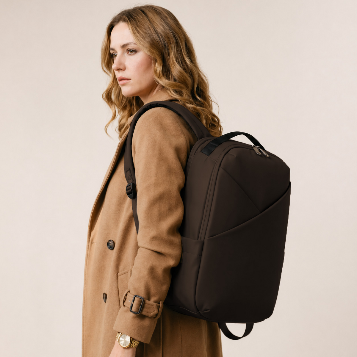 Lux & Nyx Origami Backpack - 16" Laptop Backpack With Trolley Strap - Espresso - Backpack Front View