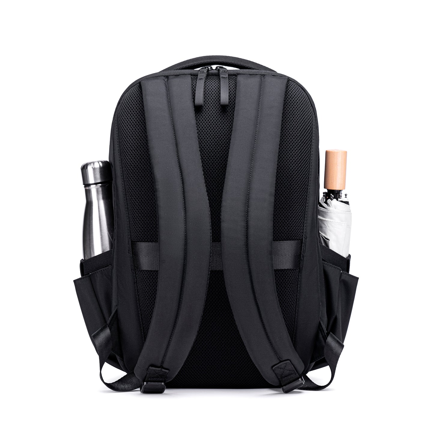 Lux & Nyx Purpose Backpack - 16" Laptop Backpack With Trolley Strap - Black - Backpack Back View, With A Water Bottle and An Umbrella Stored in The Water Bottle Pockets