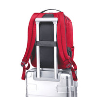 Lux & Nyx Origami Backpack - 16" Laptop Backpack With Trolley Strap - Cardinal Red - Backpack Slipped Onto Luggage Trolley