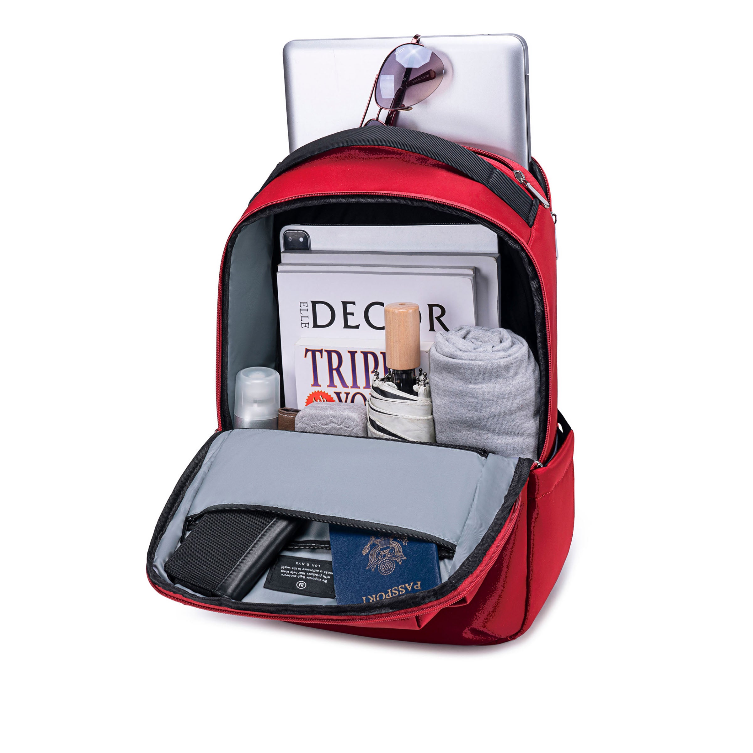 Lux & Nyx Origami Backpack - 16" Laptop Backpack With Trolley Strap - Cardinal Red - Backpack Quarter View of Internal Compartments With Backpack Contents