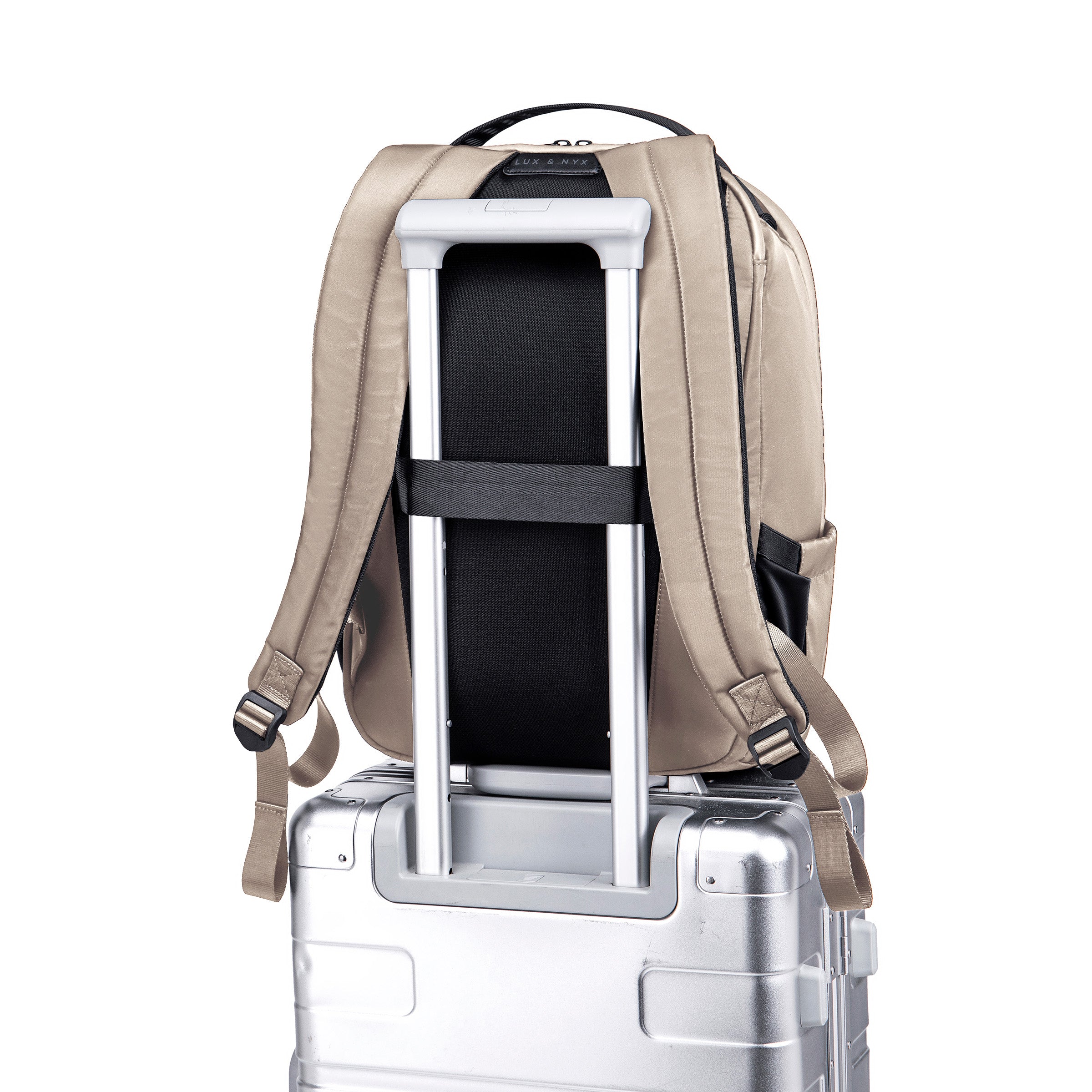 Lux & Nyx Origami Backpack - 16" Laptop Backpack With Trolley Strap - Champagne - Backpack Slipped Onto Luggage Trolley