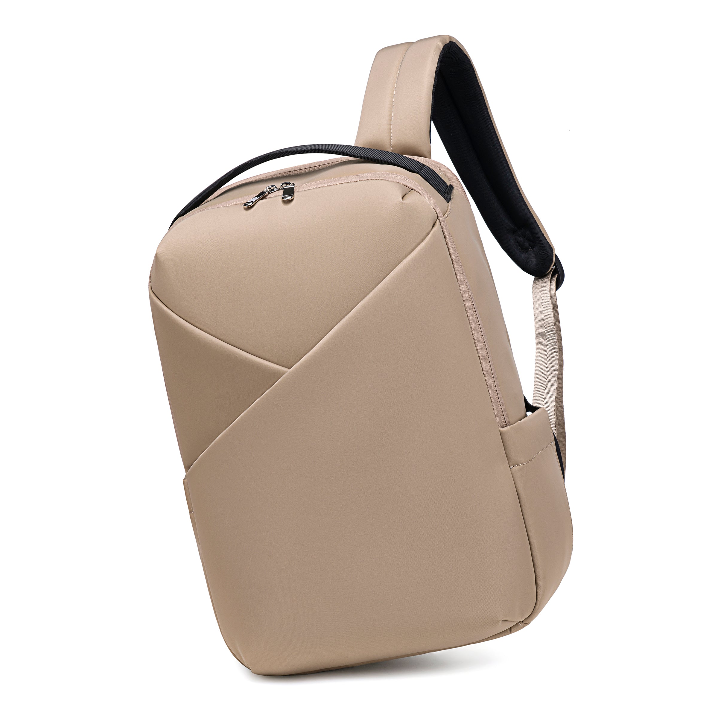 Lux & Nyx Origami Backpack - 16" Laptop Backpack With Trolley Strap - Champagne - Backpack Hanging From One of The Straps