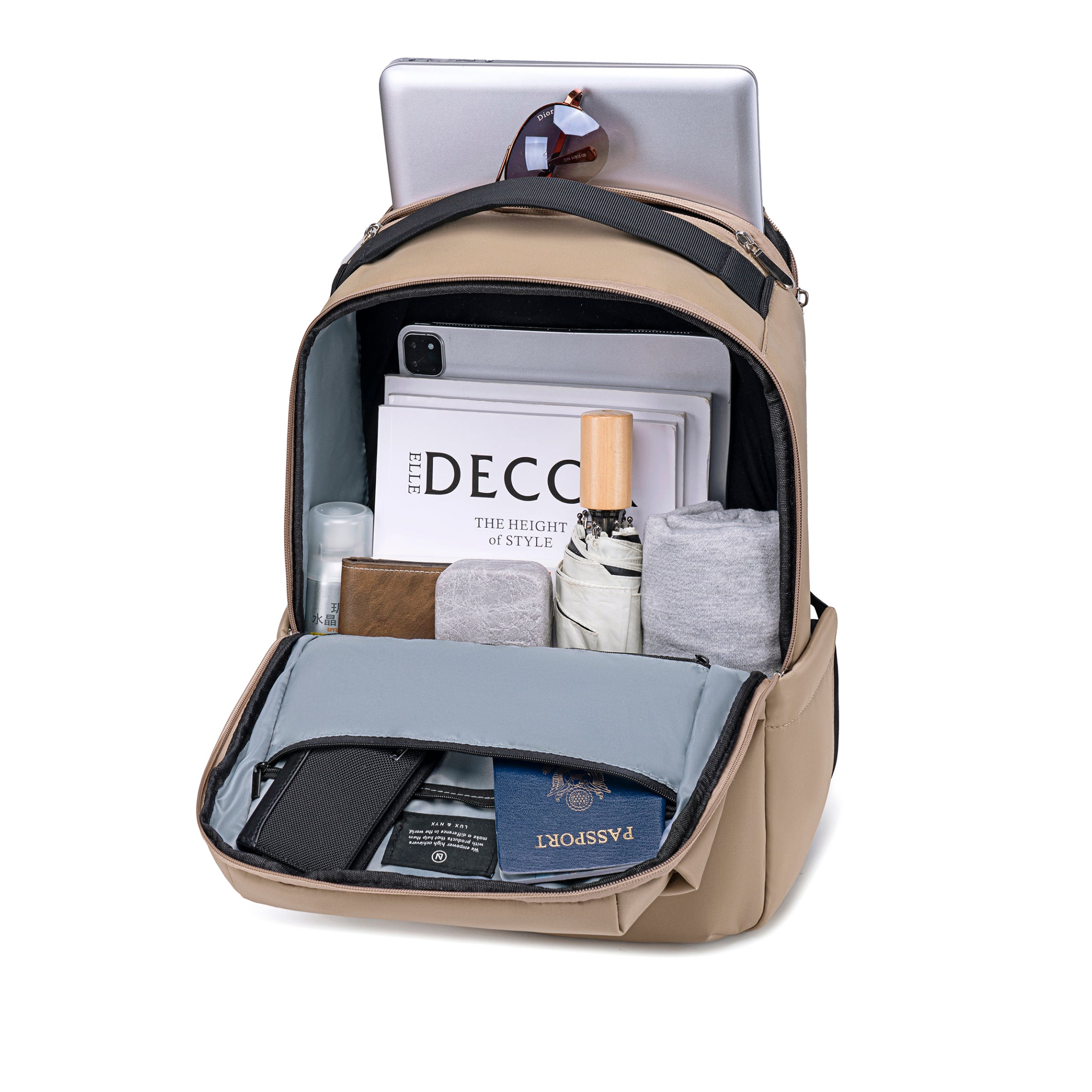 Lux & Nyx Origami Backpack - 16" Laptop Backpack With Trolley Strap - Champagne - Backpack Quarter View of Internal Compartments With Backpack Contents