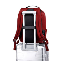 Lux & Nyx Origami Backpack - 16" Laptop Backpack With Trolley Strap - Crimson Red - Backpack Slipped Onto Luggage Trolley