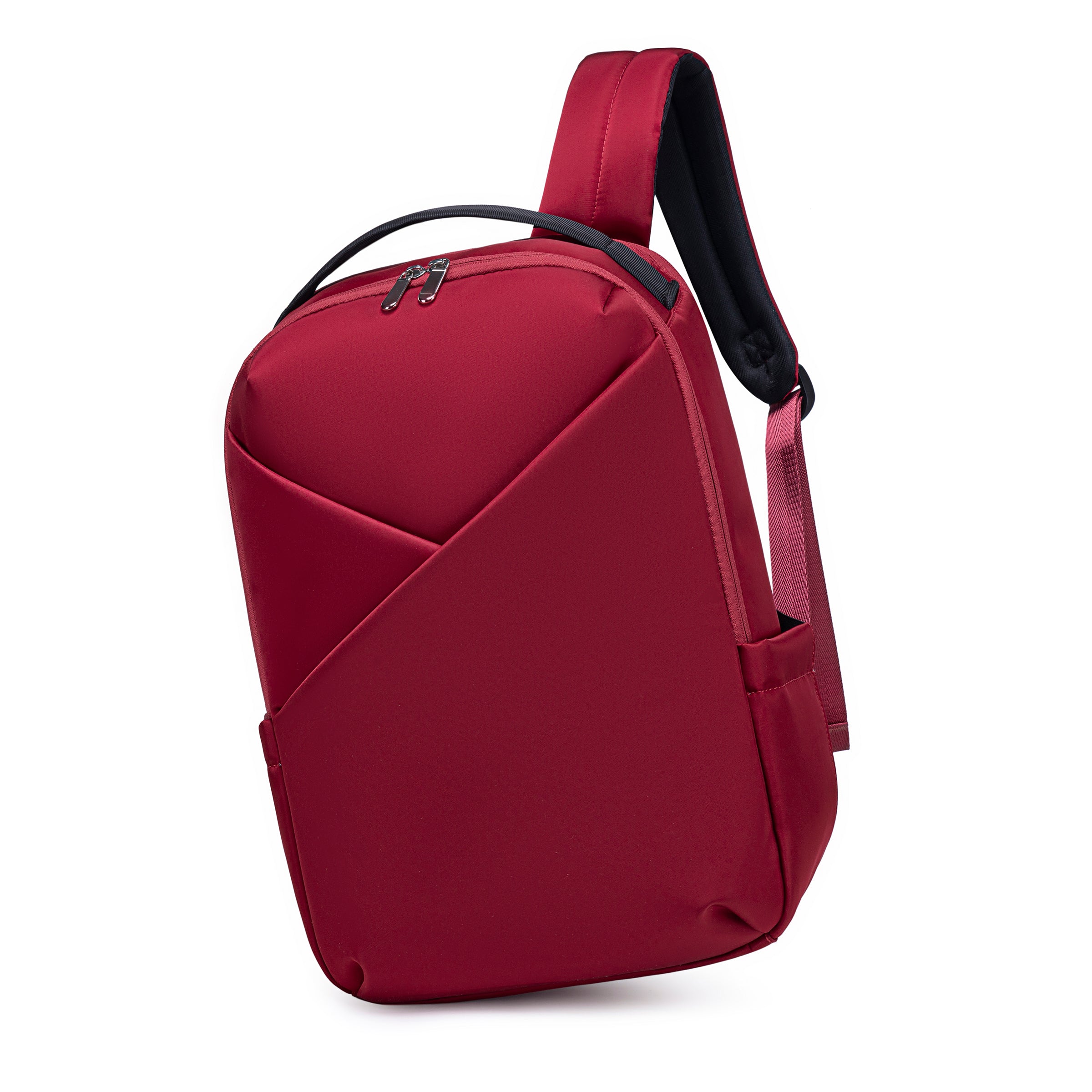 Lux & Nyx Origami Backpack - 16" Laptop Backpack With Trolley Strap - Crimson Red - Backpack Hanging From One of The Straps