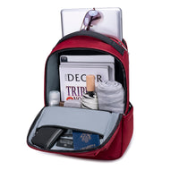 Lux & Nyx Origami Backpack - 16" Laptop Backpack With Trolley Strap - Crimson Red - Backpack Quarter View of Internal Compartments With Backpack Contents