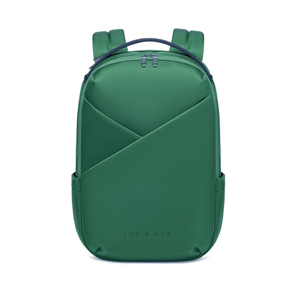 Forest Green backpack with 'Lux & Nyx' branding  - Front view