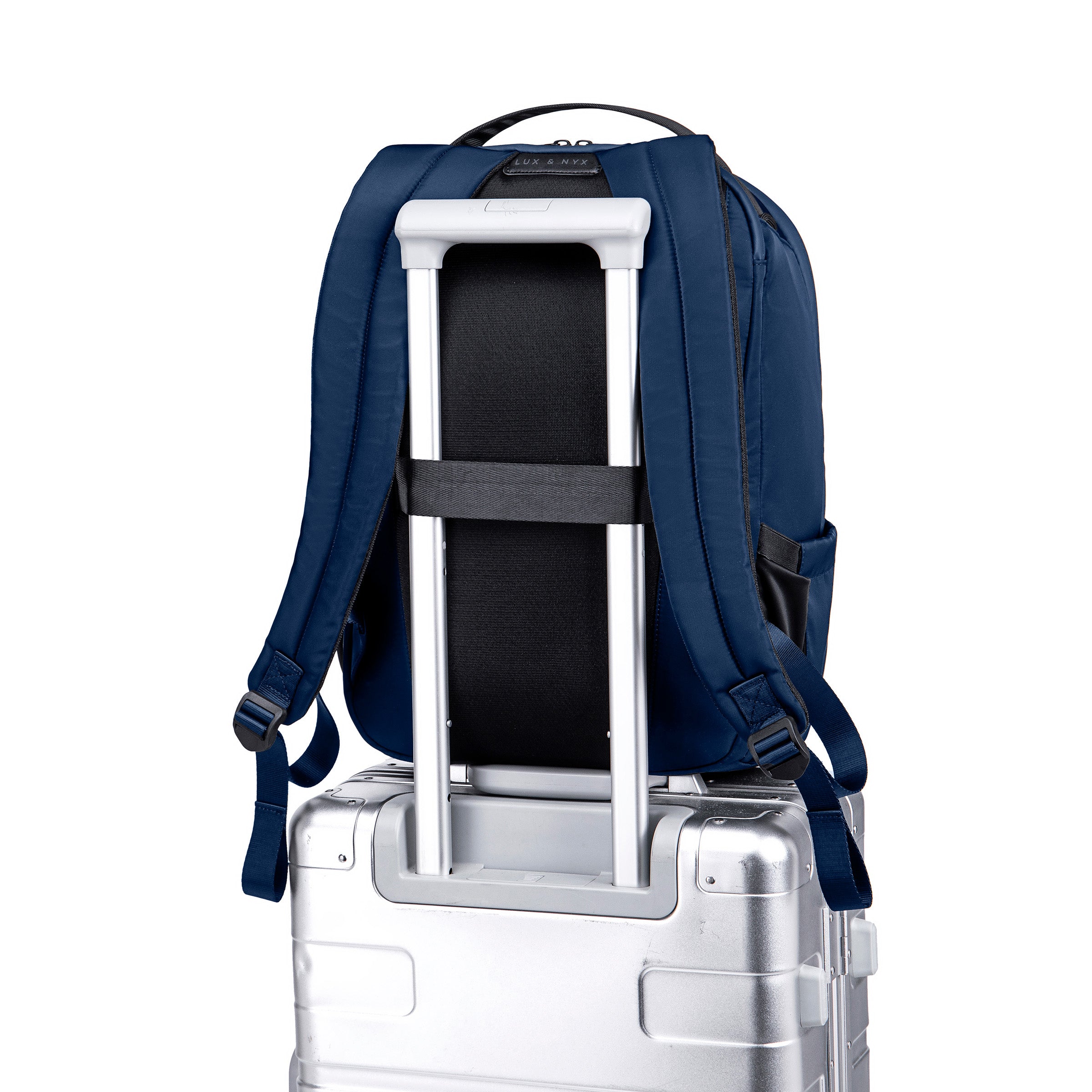 Lux & Nyx Origami Backpack - 16" Laptop Backpack With Trolley Strap - Navy Blue - Backpack Slipped Onto Luggage Trolley
