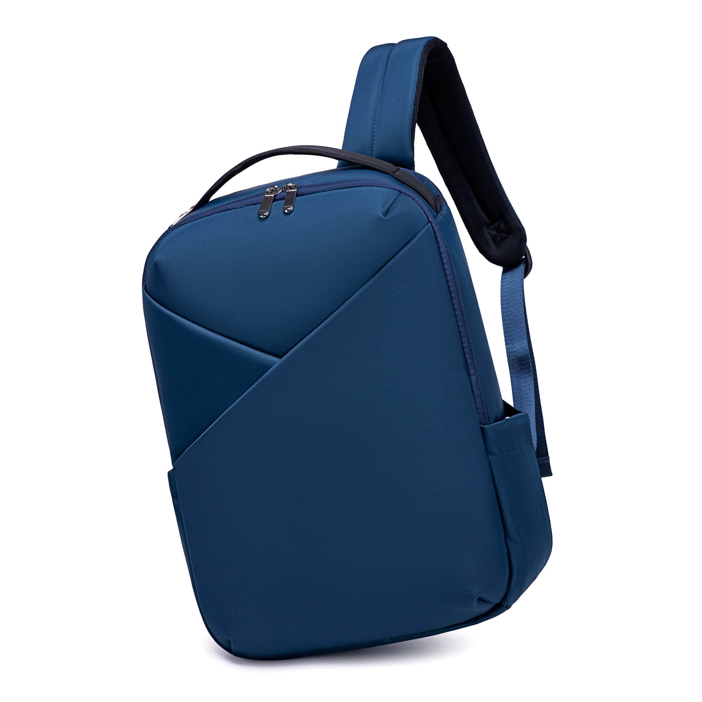 Lux & Nyx Origami Backpack - 16" Laptop Backpack With Trolley Strap - Navy Blue - Backpack Hanging From One of The Straps