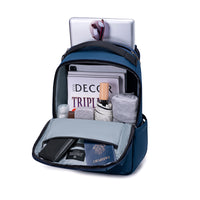 Lux & Nyx Origami Backpack - 16" Laptop Backpack With Trolley Strap - Navy Blue - Backpack Quarter View of Internal Compartments With Backpack Contents