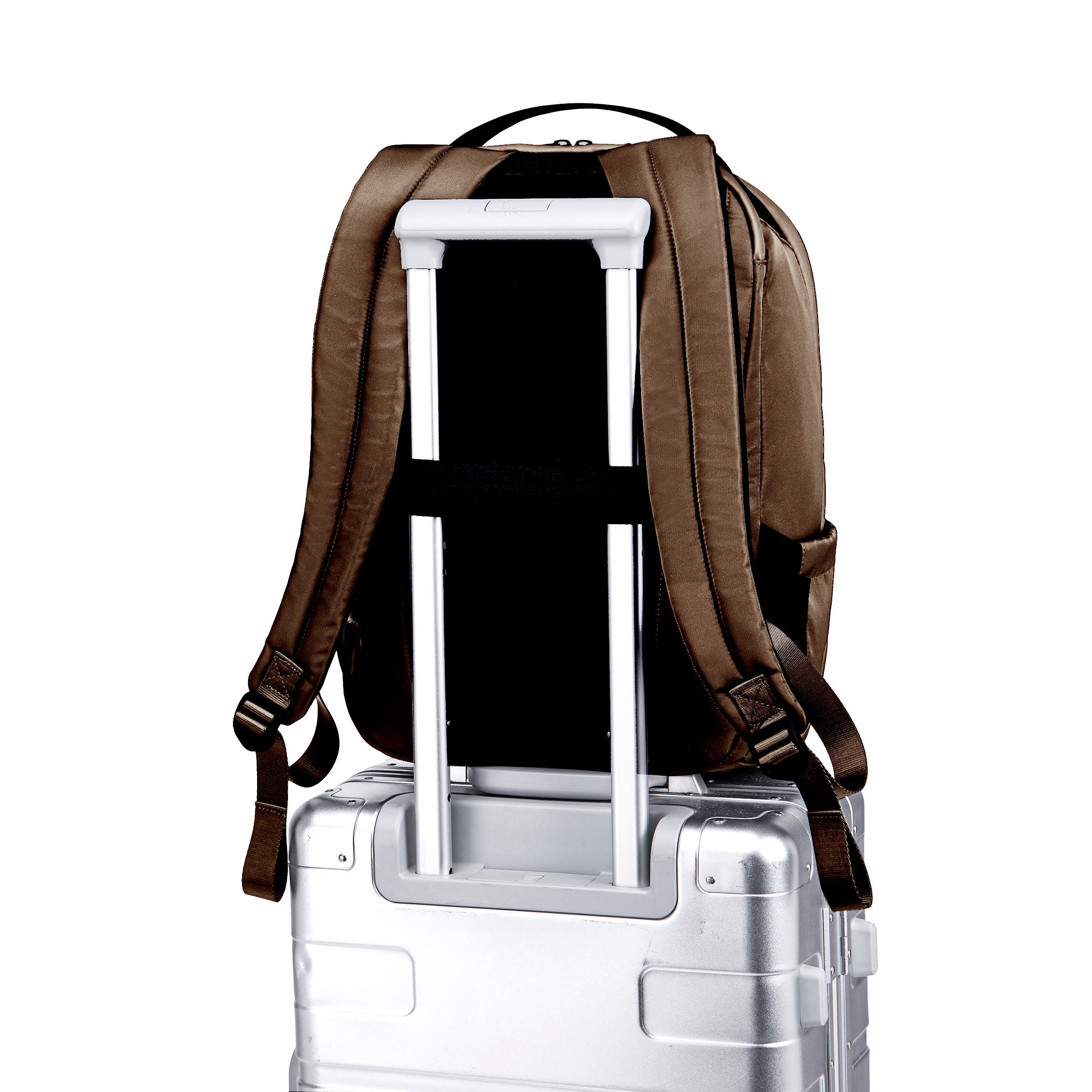Lux & Nyx Origami Backpack - 16" Laptop Backpack With Trolley Strap - Sepia - Backpack Slipped Onto Luggage Trolley