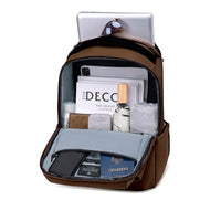 Lux & Nyx Origami Backpack - 16" Laptop Backpack With Trolley Strap - Sepia - Backpack Quarter View of Internal Compartments With Backpack Contents