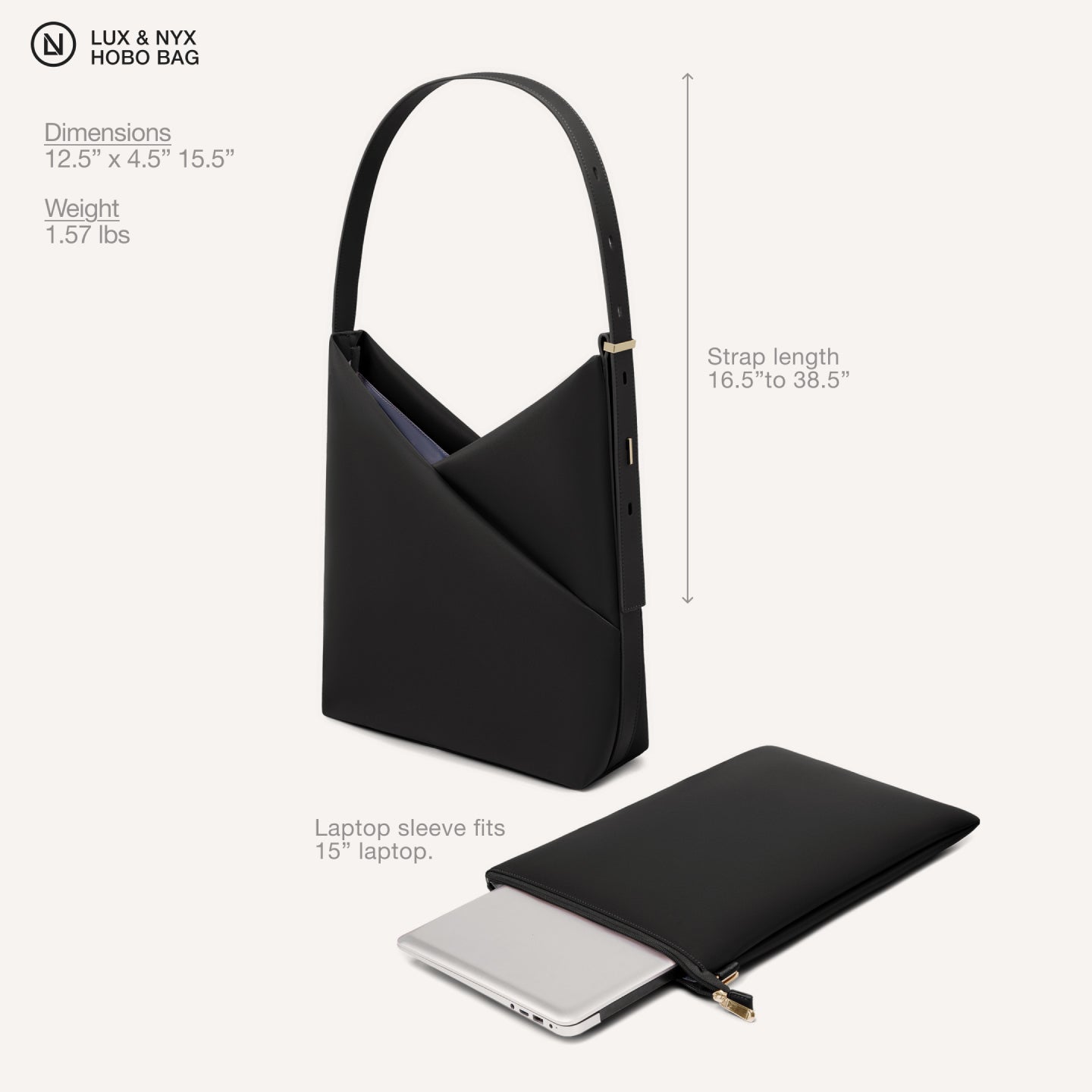 Black hobo bag with detachable 15-inch laptop sleeve, showing dimensions, adjustable strap length, and laptop fit.