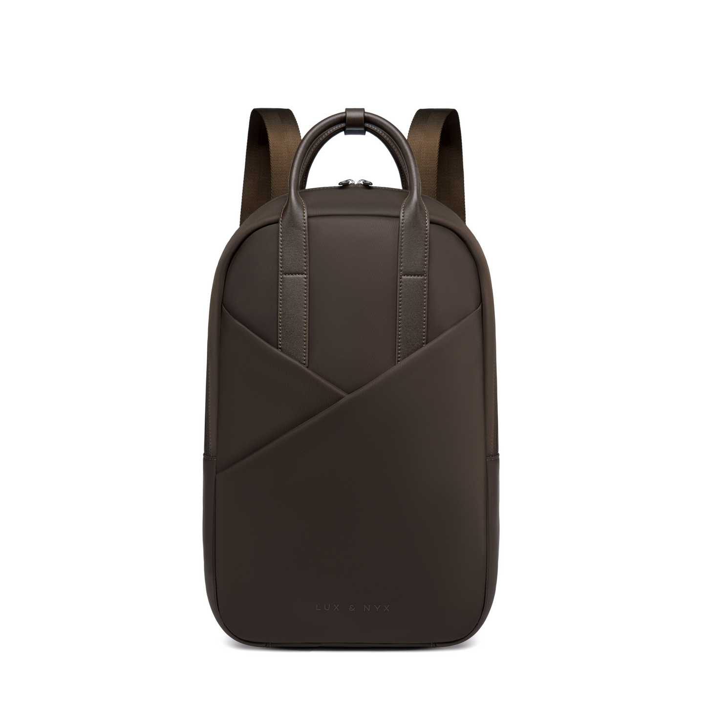 Origami Slim Espresso Backpack straight-on front view, espresso nylon with structured silhouette