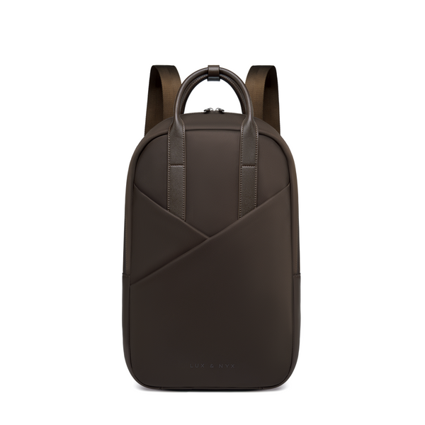 Origami Slim Espresso Backpack straight-on front view, espresso nylon with structured silhouette