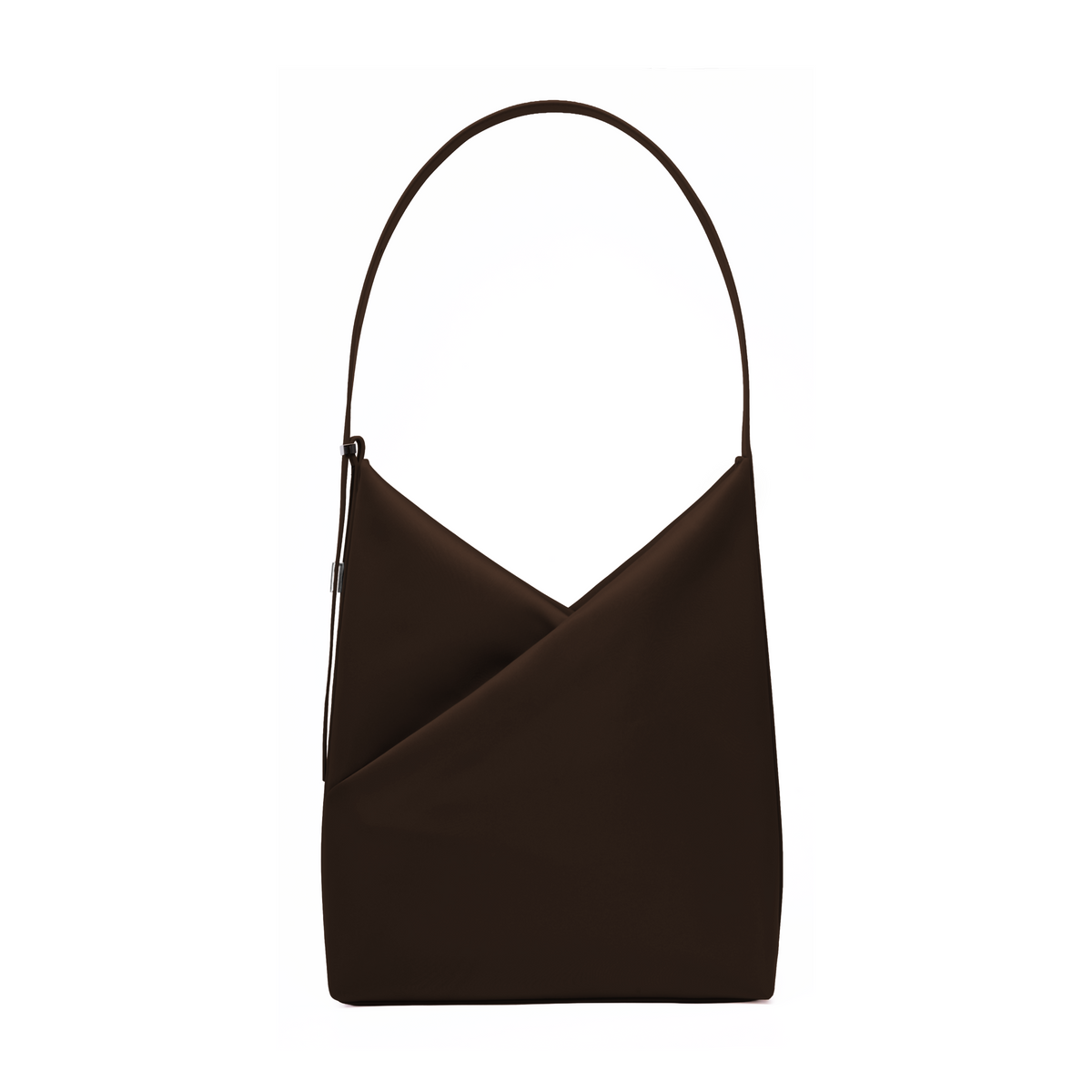 Lux & Nyx Origami Hobo Bag in espresso, front view, showing the signature geometric origami fold and single curved shoulder handle.