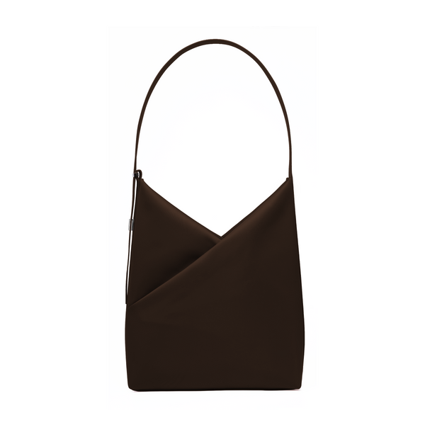 Lux & Nyx Origami Hobo Bag in espresso, front view, showing the signature geometric origami fold and single curved shoulder handle.