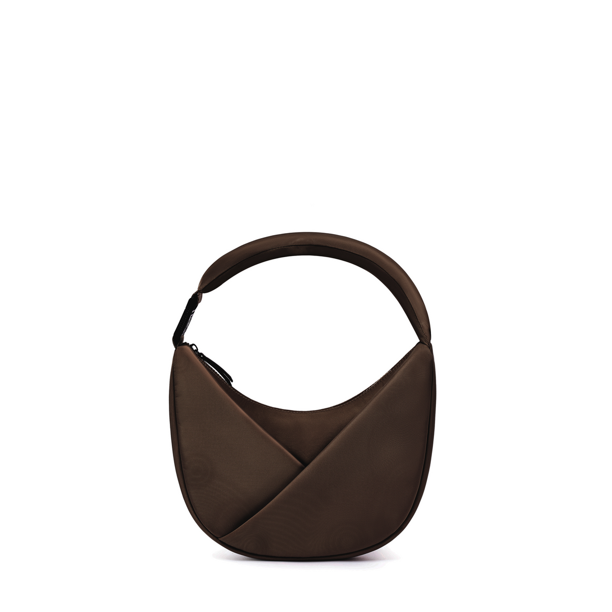 Lux & Nyx Origami Crescent bag in Espresso. Moon shaped bag that features an origami front pocket in its alternate use as a shoulder bag.
