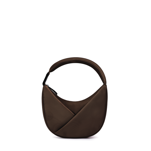 Lux & Nyx Origami Crescent bag in Espresso. Moon shaped bag that features an origami front pocket in its alternate use as a shoulder bag.