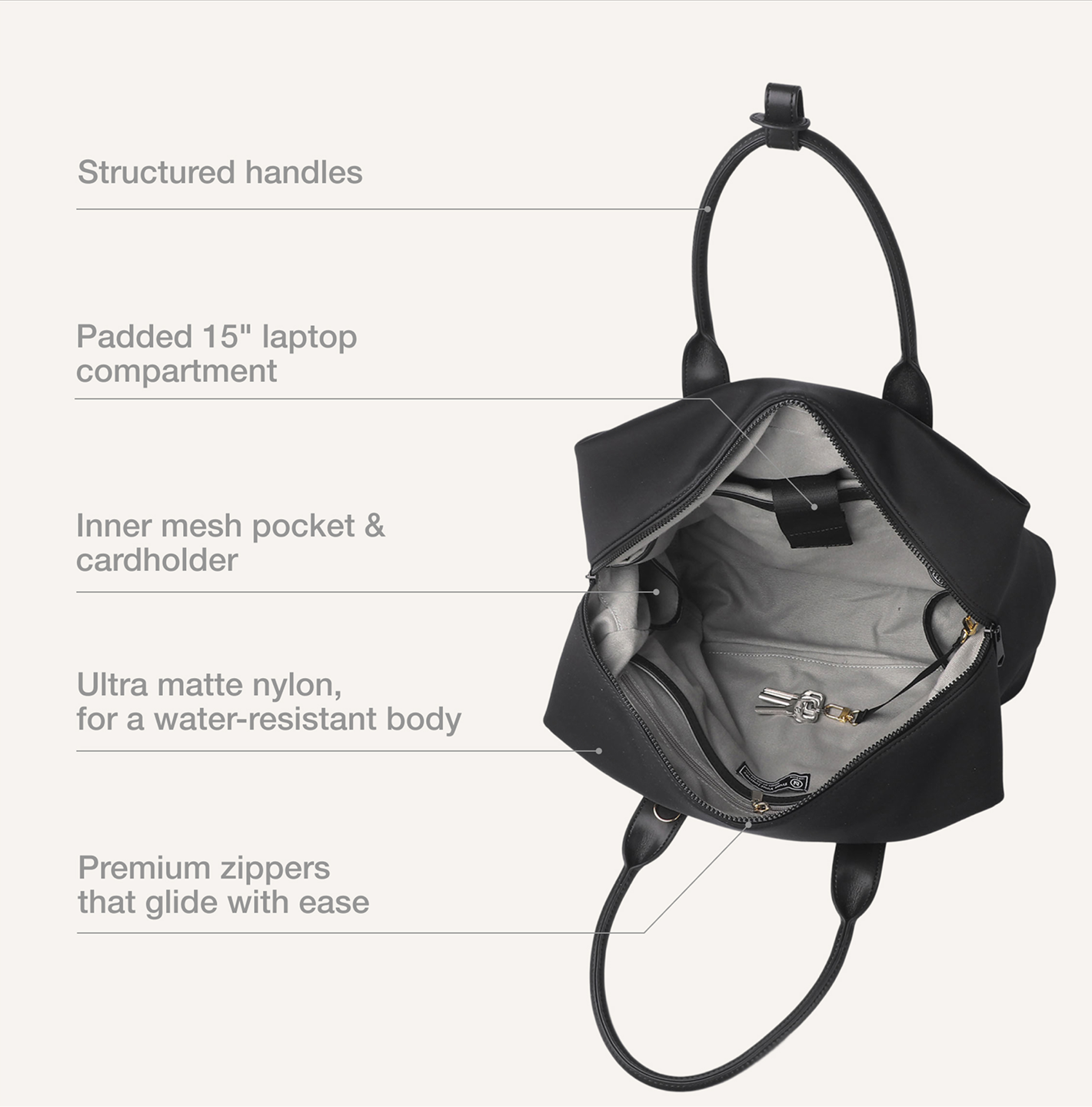 Black backpack with features listed on a white background