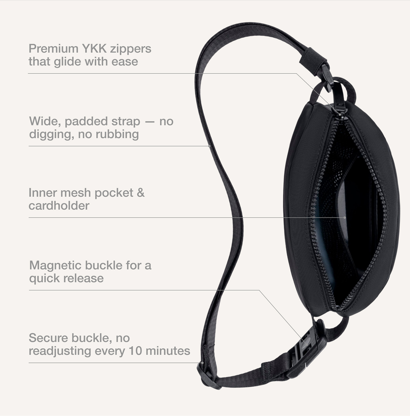 Black pouch with features listed