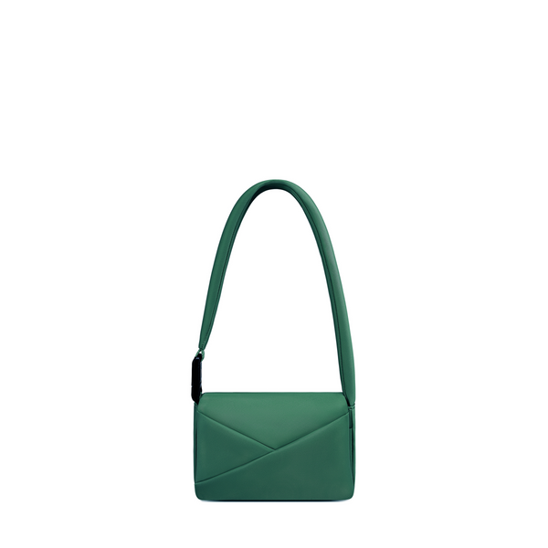 Lux & Nyx Origami Flap Bag in Forest Green, crossbody bag presented in its alternate wear as a mini shoulder bag.