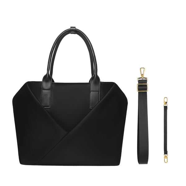 Black laptop bag with dual rounded top handles and a geometric V-shaped front seam, shown with two detachable black straps (a wide adjustable crossbody strap and a short wristlet strap) featuring gold-tone clasps.
