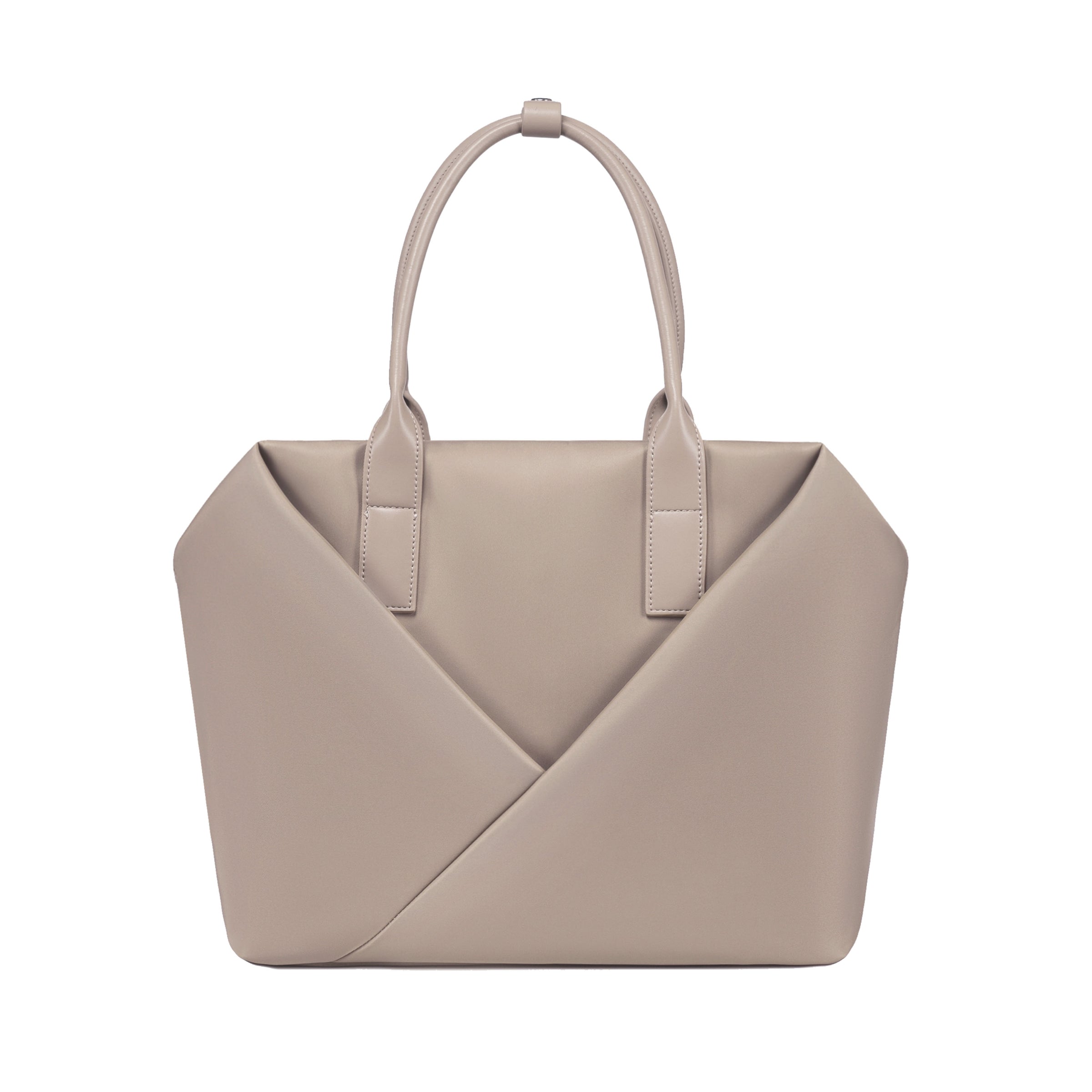 Lux & Nyx champagne taupe handbag with a geometric V-shaped envelope front panel and dual top handles.
