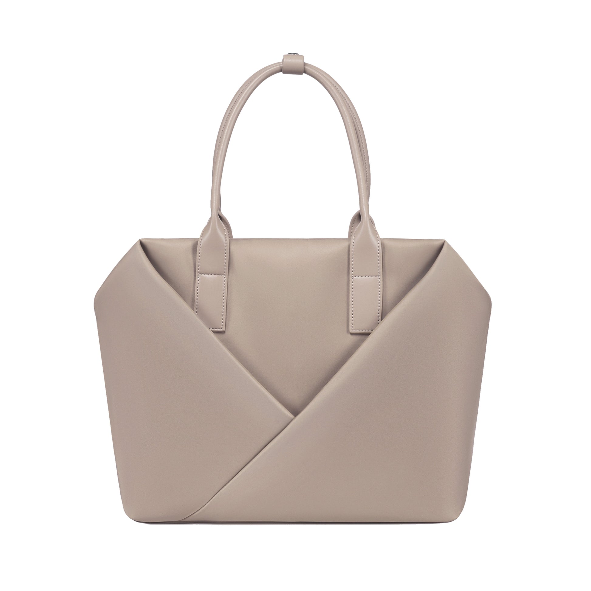 Lux & Nyx champagne taupe handbag with a geometric V-shaped envelope front panel and dual top handles.