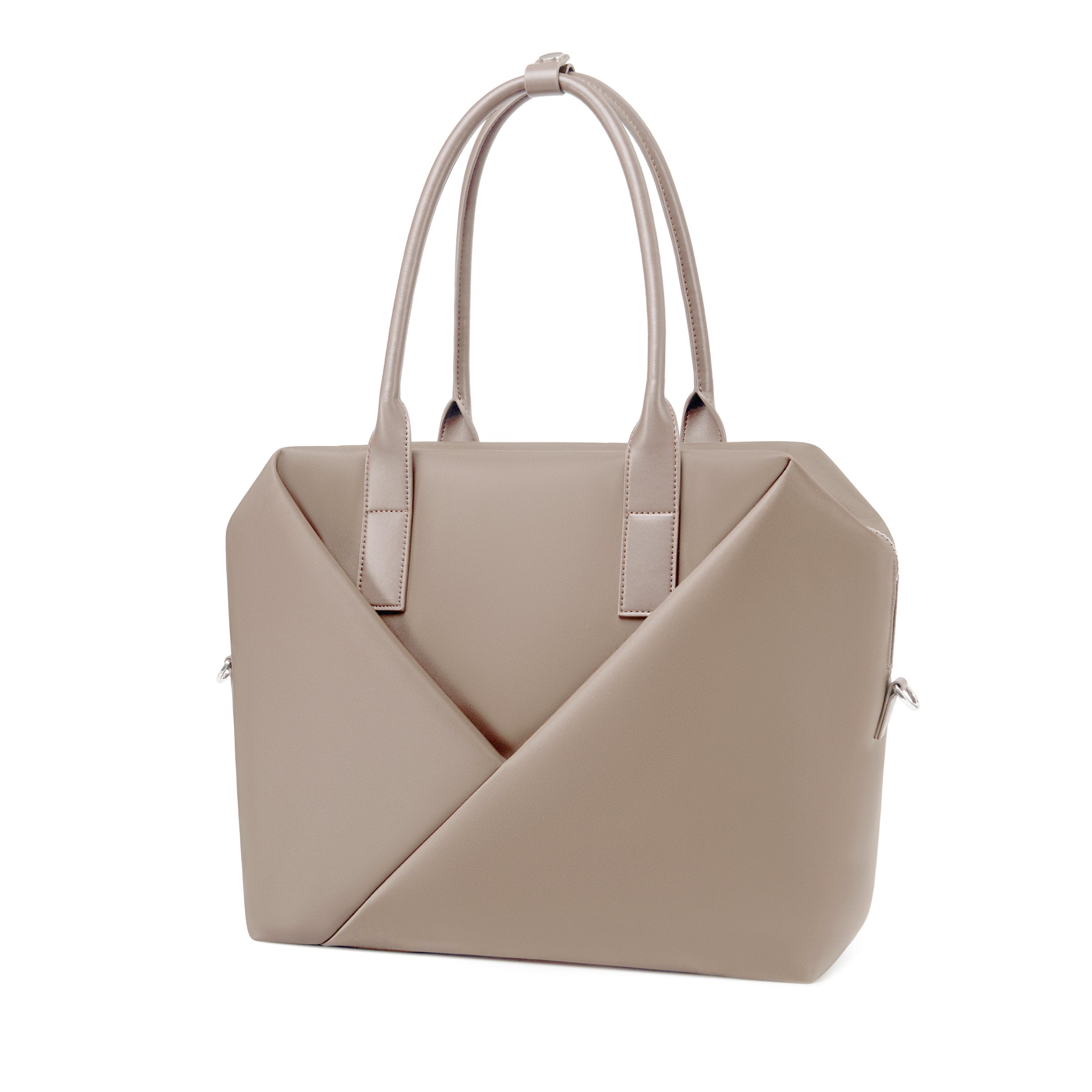 Angled view of a top-handle champagne satchel silhouette with front V-seam detail.