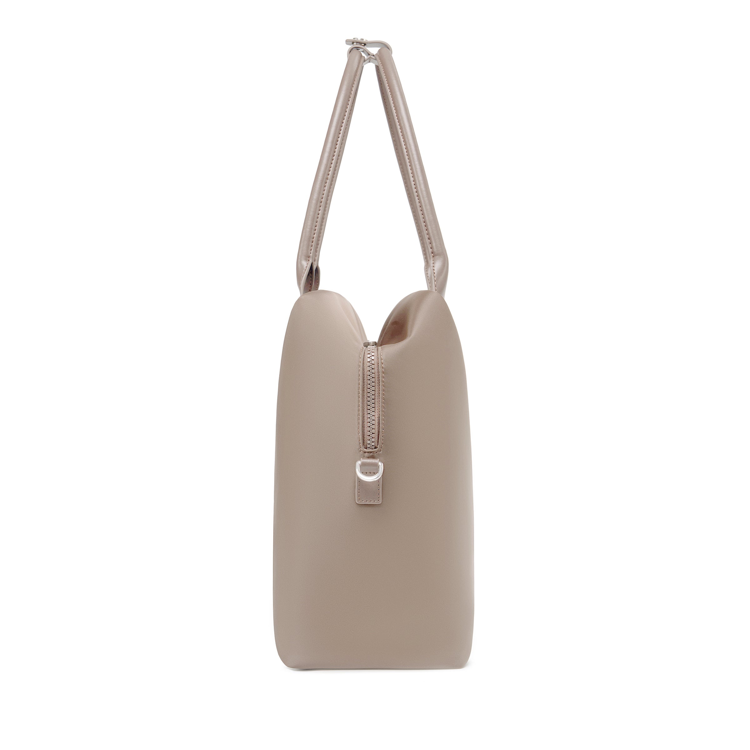 Side profile of a champagne taupe origami handbag highlighting its slim depth, arched top handles, and clasp closure.
