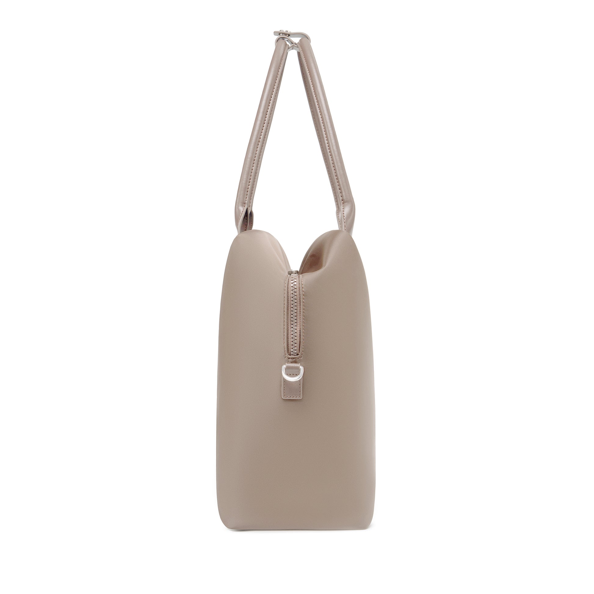 Side profile of a champagne taupe origami handbag highlighting its slim depth, arched top handles, and clasp closure.
