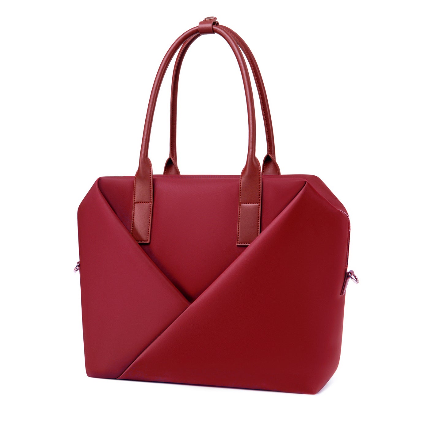 Angled view of a top-handle crimson red satchel silhouette with front V-seam detail.