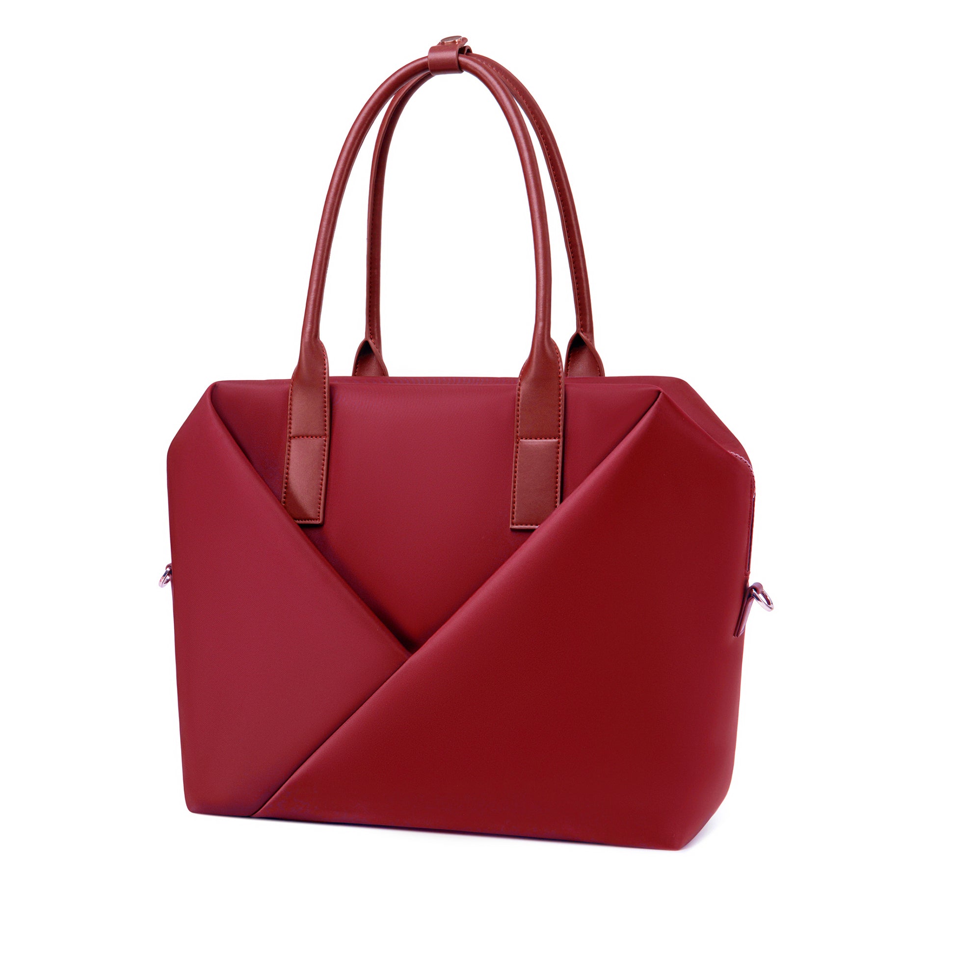 Angled view of a top-handle crimson red satchel silhouette with front V-seam detail.