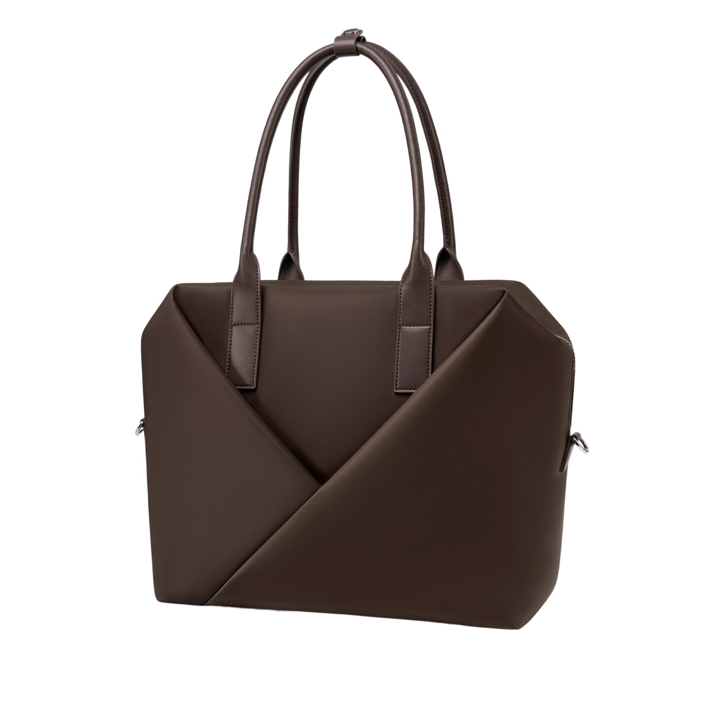 Angled view of a top-handle espresso satchel silhouette with front V-seam detail.
