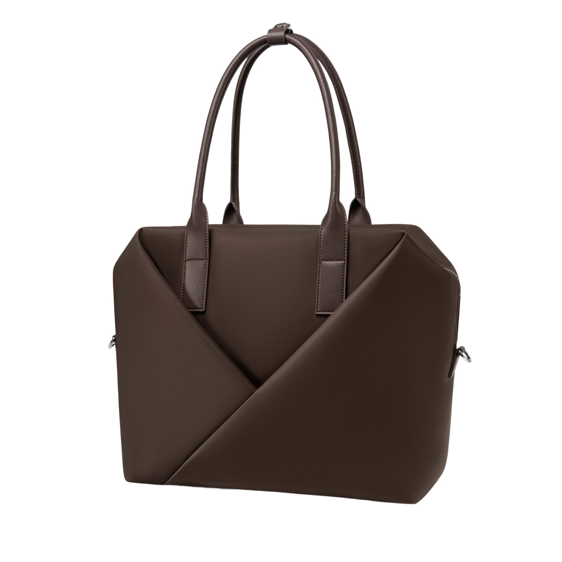 Angled view of a top-handle espresso satchel silhouette with front V-seam detail.