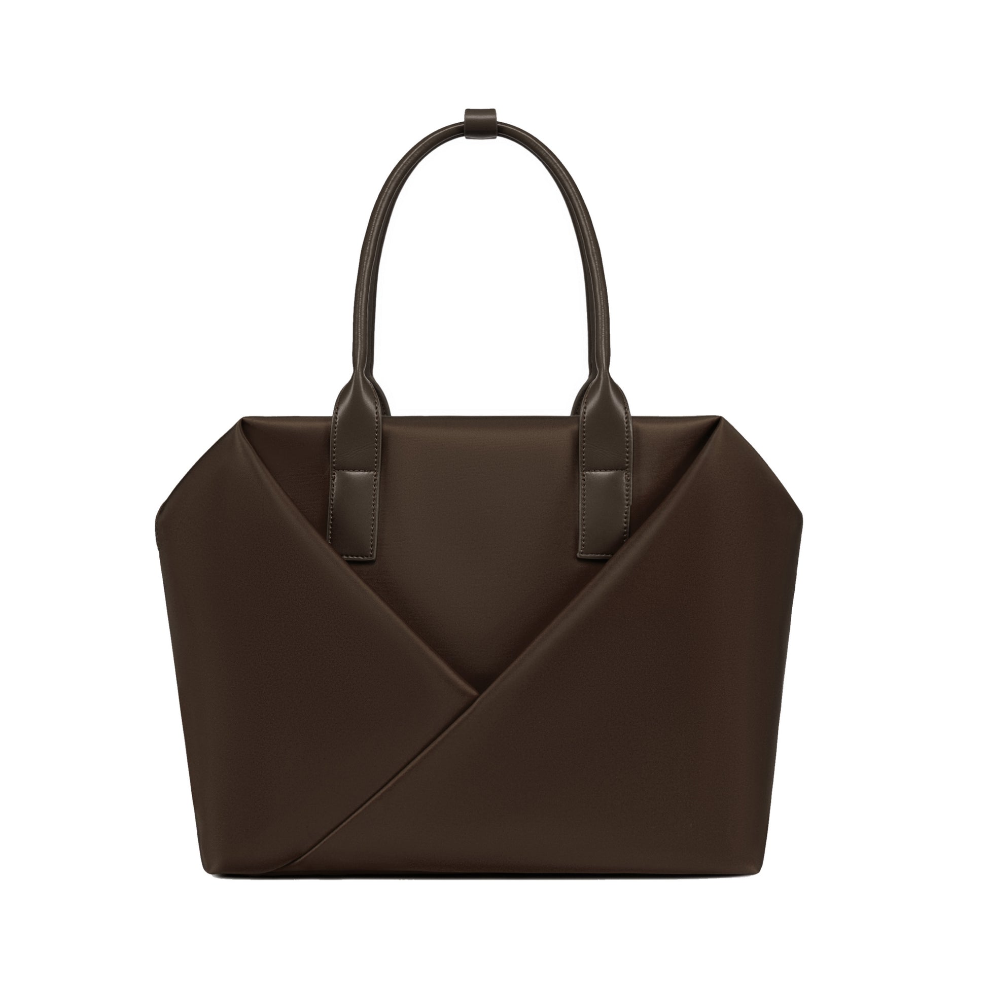 Lux & Nyx espresso handbag with a geometric V-shaped envelope front panel and dual top handles.